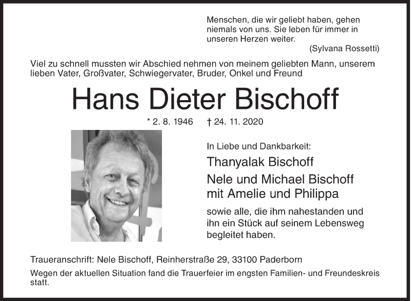  Traueranzeige für Hans Dieter Bischoff vom 07.12.2020 aus Siegener Zeitung