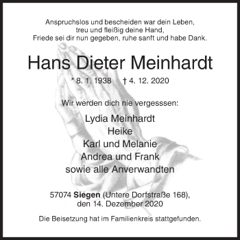 Traueranzeige von Hans Dieter Meinhardt von Siegener Zeitung