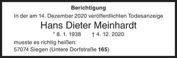 Traueranzeige von Hans Dieter Meinhardt von Siegener Zeitung