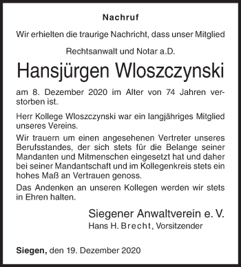 Traueranzeige von Hansjürgen Wloszczynski von Siegener Zeitung
