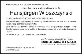 Traueranzeige von Hansjürgen Wloszczynski von Siegener Zeitung