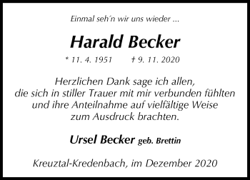 Traueranzeige von Harald Becker von Siegener Zeitung