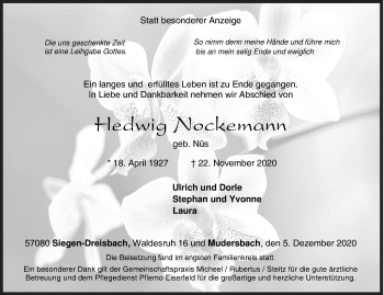 Traueranzeige von Hedwig Nockemann von Siegener Zeitung