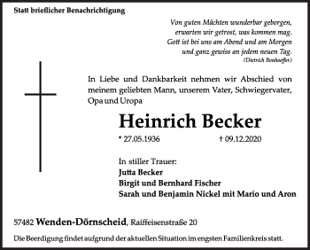 Traueranzeige von Heinrich Becker von Siegener Zeitung