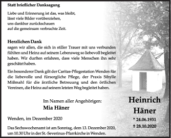 Traueranzeige von Heinrich Häner von Siegener Zeitung