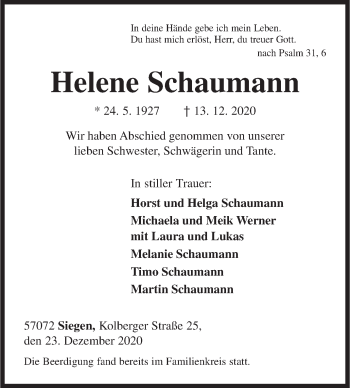 Traueranzeige von Helene Schaumann von Siegener Zeitung
