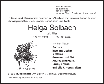 Traueranzeige von Helga Solbach von Siegener Zeitung