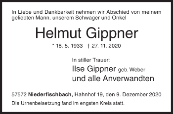 Traueranzeige von Helmut Gippner von Siegener Zeitung