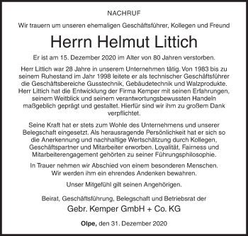 Traueranzeige von Helmut Littich von Siegener Zeitung