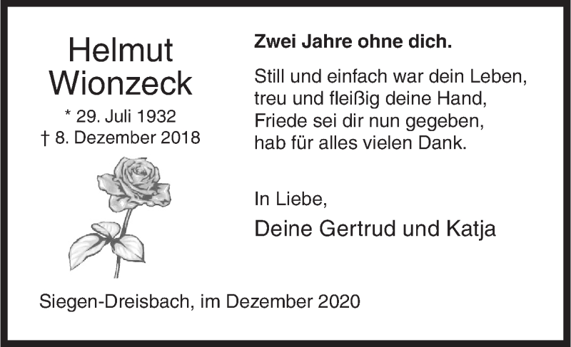  Traueranzeige für Helmut Wionzeck vom 08.12.2020 aus Siegener Zeitung