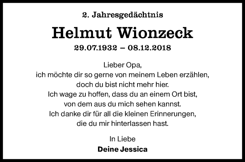  Traueranzeige für Helmut Wionzeck vom 08.12.2020 aus Siegener Zeitung