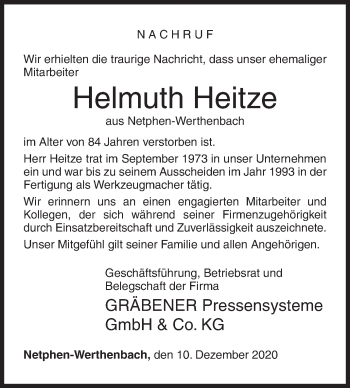 Traueranzeige von Helmuth Heitze von Siegener Zeitung