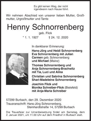 Traueranzeige von Henny Schnorrenberg von Siegener Zeitung