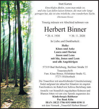 Traueranzeige von Herbert Binner von Siegener Zeitung