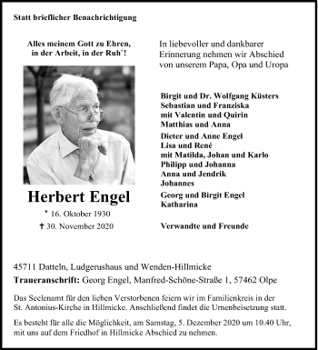 Traueranzeige von Herbert Engel von Siegener Zeitung