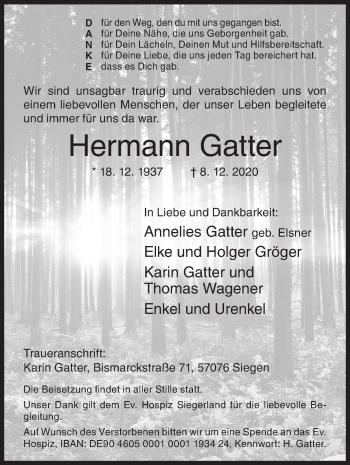 Traueranzeige von Hermann Gatter von Siegener Zeitung