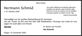 Traueranzeige von Hermann Schmid von Siegener Zeitung