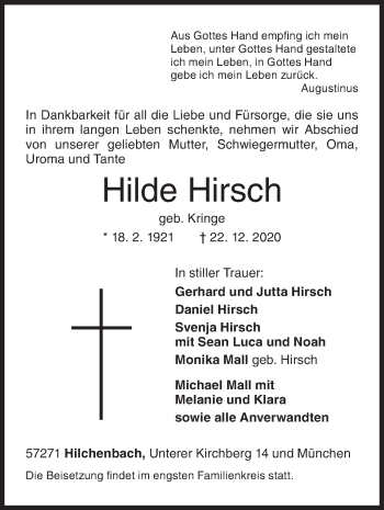 Traueranzeige von Hilde Hirsch von Siegener Zeitung