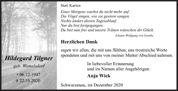 Traueranzeige von Hildegard Tilgner von Siegener Zeitung
