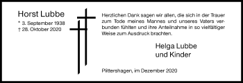 Traueranzeige von Horst Lubbe von Siegener Zeitung