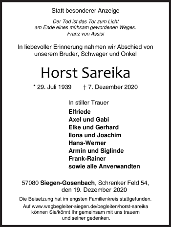 Traueranzeige von Horst Sareika von Siegener Zeitung