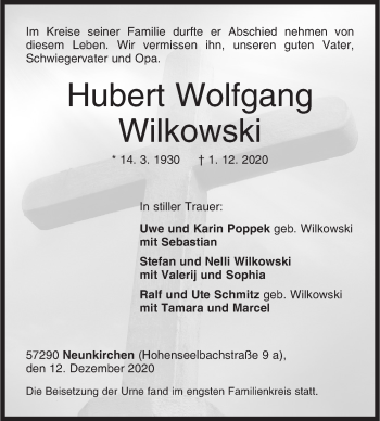 Traueranzeige von Hubert Wolfgang Wilkowski von Siegener Zeitung