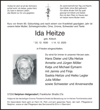Traueranzeige von Ida Heitze von Siegener Zeitung