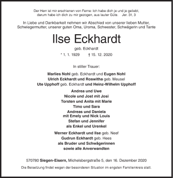 Traueranzeige von Ilse Eckhardt von Siegener Zeitung