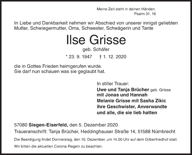  Traueranzeige für Ilse Grisse vom 05.12.2020 aus Siegener Zeitung