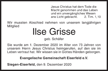 Traueranzeige von Ilse Grisse von Siegener Zeitung
