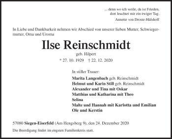 Traueranzeige von Ilse Reinschmidt von Siegener Zeitung
