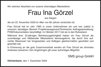 Traueranzeige von Ina Görzel von Siegener Zeitung