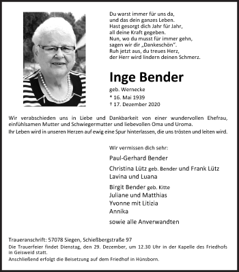 Traueranzeige von Inge Bender von Siegener Zeitung