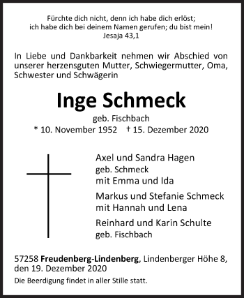 Traueranzeige von Inge Schmeck von Siegener Zeitung