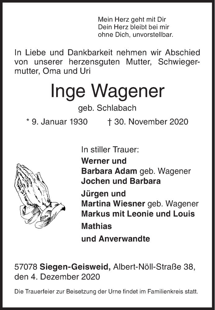  Traueranzeige für Inge Wagener vom 04.12.2020 aus Siegener Zeitung