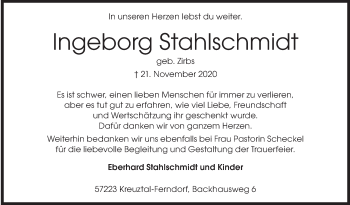 Traueranzeige von Ingeborg Stahlschmidt von Siegener Zeitung