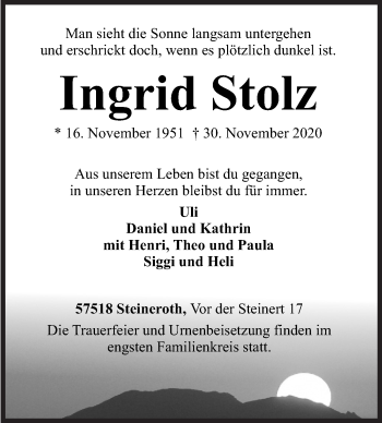 Traueranzeige von Ingrid Stolz von Siegener Zeitung