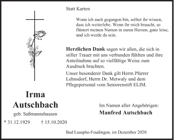 Traueranzeige von Irma Autschbach von Siegener Zeitung