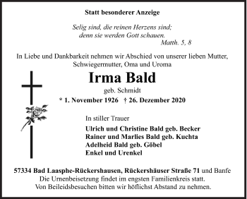 Traueranzeige von Irma Bald von Siegener Zeitung