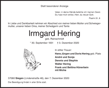 Traueranzeige von Irmgard Hering von Siegener Zeitung