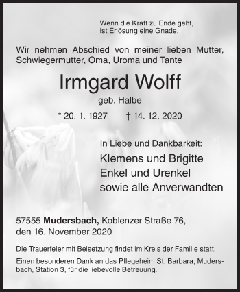 Traueranzeige von Irmgard Wolff von Siegener Zeitung