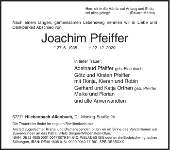 Traueranzeige von Joachim Pfeiffer von Siegener Zeitung