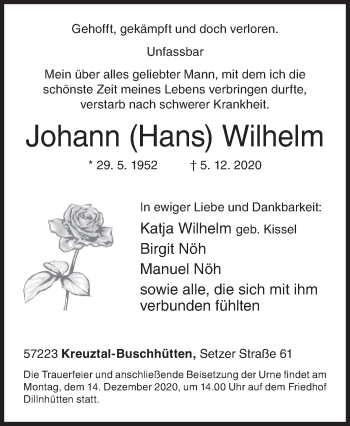 Traueranzeige von Johann  Wilhelm von Siegener Zeitung