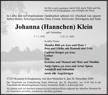 Traueranzeige von Johanna  Klein von Siegener Zeitung