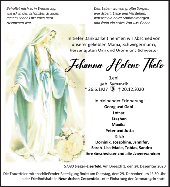 Traueranzeige von Johanna Helene Thelo von Siegener Zeitung