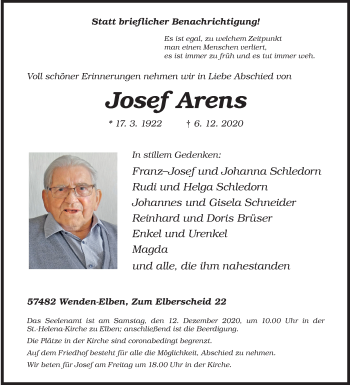 Traueranzeige von Josef Arens von Siegener Zeitung