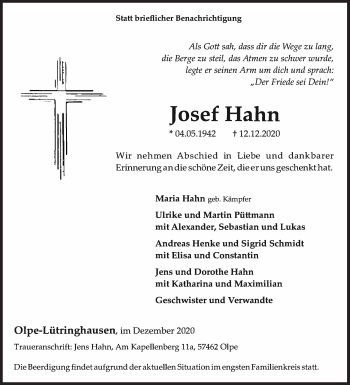 Traueranzeige von Josef Hahn von Siegener Zeitung