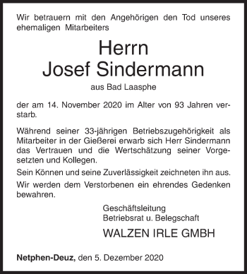 Traueranzeige von Josef Sindermann von Siegener Zeitung
