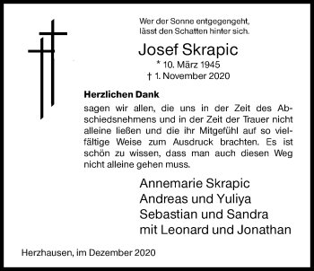 Traueranzeige von Josef Skrapic von Siegener Zeitung