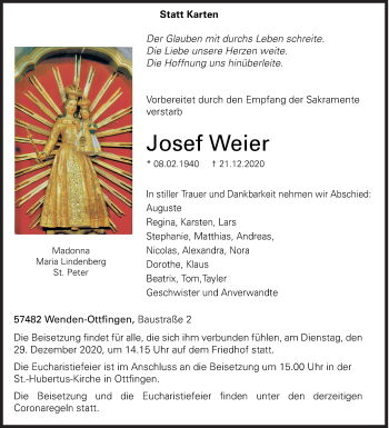 Traueranzeige von Josef Weier von Siegener Zeitung